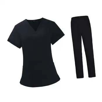 Жена черен комплект ексфолианти, работни униформи, топ и панталон, комплект ексфолианти за служителите на домашни любимци