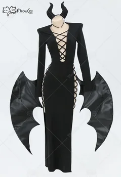 Женствена рокля Meowcos в готически стил винтидж стил Суккуба, черна рокля на Хелоуин с подвижни крила за костюми за cosplay на Хелоуин