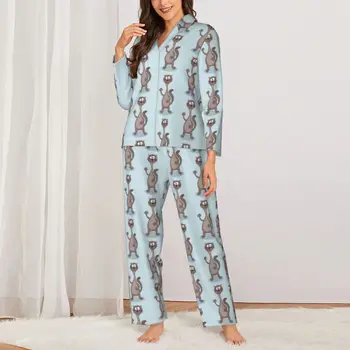 Забавен пижамный комплект с хорьком, Cartoony Животински принт, Скъпа пижами, Дамски дрехи с дълги ръкави, Реколта Нощен облекло, 2 броя, Пижами голям размер