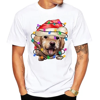 Забавна коледна тениска унисекс, сладки коледни светлини, подаръци за кучета, тениска с изображение на малък златист ретривър, кавайные тениски с къс ръкав
