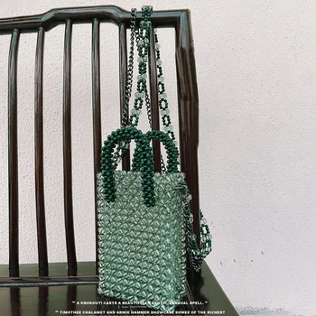 Зелена чанта с кристали, дамски модни доброто е лесна чанта ръчна изработка, расшитая мъниста чанта през рамо за телефон за жени 2023 чанта, изработена от мъниста