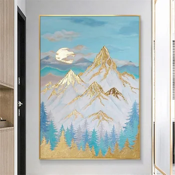 Златисто-син канава плакат С изгрева на слънцето, планински пейзаж, картина върху платно, съвременно стенно изкуство, Декоративна картина, начало декор за стаята, Щампи