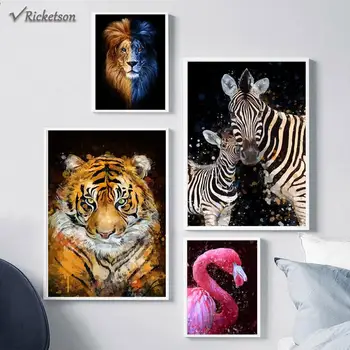 Картина с изображение на африкански животни върху платното, Слон, Зебра, Лъв, Фламинго, плакати и монтиране на художествено изображение за всекидневната, декорация на дома