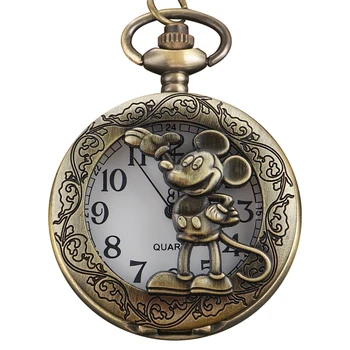 Класически носталгия джобни кварцов часовник с релефен задълбочаване във форма на мишката за мъже и жени с поясным аксесоар-веригата, огърлица и окачване