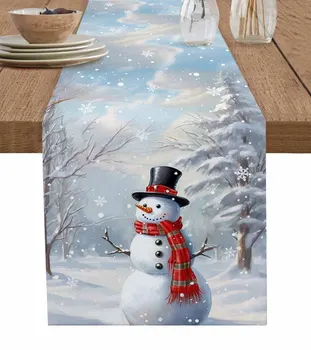 Коледна Снежна Сцена На Снежен Човек Настолна Пътека Сватбен Декор Настолна Пътека Коледен Декор На Масата За Хранене Бельо Покривка