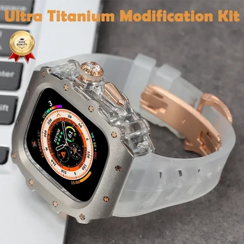 Комплект модификация на Титан За Apple Watch Band Ultra 2 49 мм 44 мм 45 мм Метален Корпус За Iwatch Серия 9 8 7 6 5 4 Каишка от Каучук