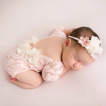 Костюм за снимки на новородени, Шифоновая лейси снимка с флорална декорация, пролет-лято есен облекло, перлени въжета за коса, комплект от две части