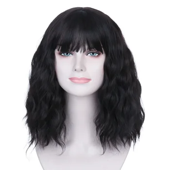 Кратък черна перука с бретон за жени Естествена каре с дължина до раменете Синтетичен вълнообразни перука цвят бордо