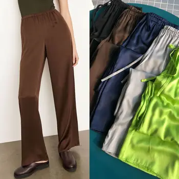 Леки луксозни дамски панталони големи тежести, коприна еластичен сатен, коприна въздушни панталони, ежедневни панталони с права тръба на експозиции