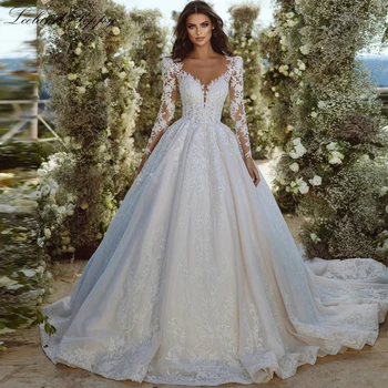 Луксозни дантелени сватбени рокли трапецовидна форма, с дълги ръкави Lceland Poppy 2023, бродирани с мъниста сватбена рокля в пода с влак под формата на параклис