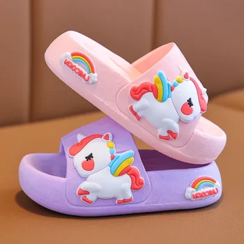 Лятна Детска Домашни обувки, Чехли За малки момичета Чехли за деца Cartoony Еднорог за баня-Мини пързалки с дебела подметка 2-8 години