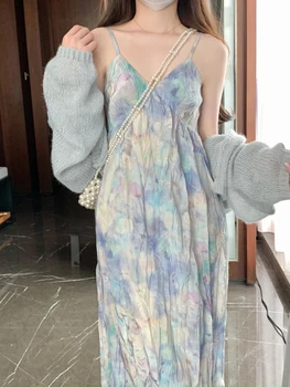 Лятна Плажна рокля за парти, Женско Френско Винтажное Елегантна рокля без ръкави с лента, Жена на Корейското Модно рокля с цветен модел Sweet Фея 2023
