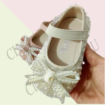 Марка обувки на равна подметка за момиченца, модел обувки Enfant за малка принцеса, бродирани с пайети, за изпълнения на сватбеното парти с кристали