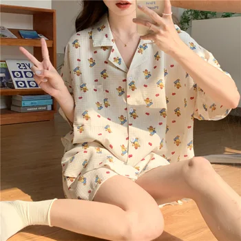 Мека лятна пижама с хубав принтом от анимационни и къс ръкав, женски случайни елегантен Удобен комплект от две части, пижами Ins