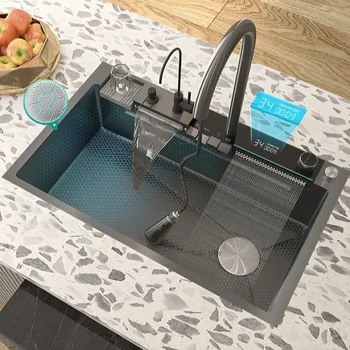 Мивка с двойно водопад, кухненска мивка от неръждаема стомана, релефно Голям Однощелевой дигитален дисплей, мивка за кухня