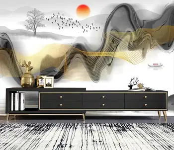 Модерен абстрактен пейзаж в китайски стил, блестящ златен фон, стенни картини на потребителски размер, декорация на дома, 3d тапети