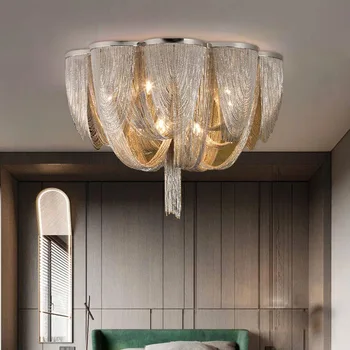 Модерен и Луксозен интериор на Хотела Тавана лампа в алуминиева верига, Елегантно Дизайнерско Осветление на хола в стил Loft
