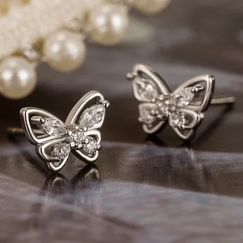 Модни дамски обеци от сребро проба 925, инкрустиран кубическим цирконий във формата на пеперуда, Обеци за жени, Бижута, Подарък за приятелката си