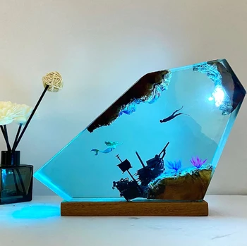 Настолна лампа от смола на Организма на морското дъно, Декоративна лампа за творчество, лека нощ на тема приключения Русалка-водолаз, USB зареждане