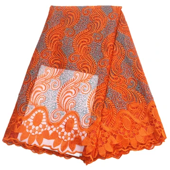 нигерийская лейси плат висококачествена дантела оранжев цвят, френската дантела, бродирани тюл, дантела с камъни, 5 ярда