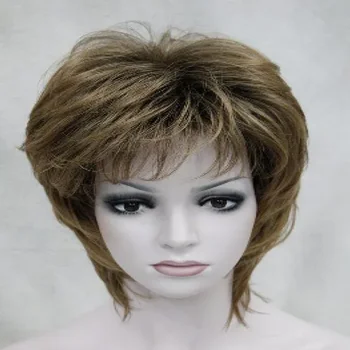 Нов женски Кратък Жена Разход на Златисто-кафява Къдрава перука, за ежедневно коса