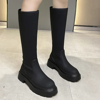 Нова дамски обувки 2023, модни дамски обувки без шнур до коляното, обикновена водоустойчиви дамски обувки на платформа с кръгло бомбе.