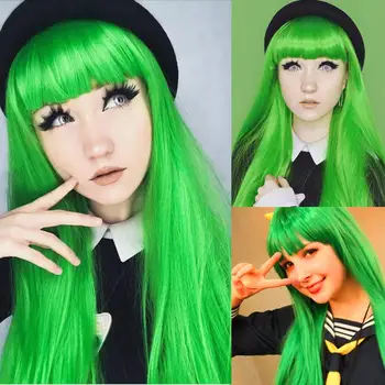 Нови Зелени дантела перуки отпред с бретон, Копринена Директни Топлоустойчива естествена коса, синтетични перука, ежедневни дрехи, перуки с ресни за cosplay