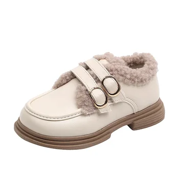 Новост зимата 2023 година, топли обувки за момичета от фин памук, с мека подметка и двойна катарама, топло детски кожени обувки от плюш за момчета в корейски стил