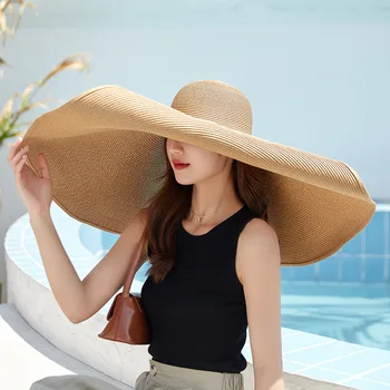 Однотонная Солнцезащитная шапка големи размери, сгъваема дамски плажни шапки от тръстика, слама с големи широки поля, Лятна мода солнцезащитная шапка за пътуване с защита от uv