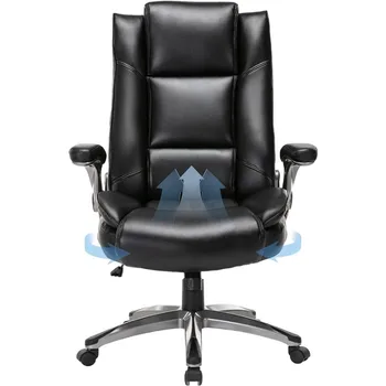 Офис стол за мениджъри с висока облегалка - ергономичен компютърен стол от естествена кожа с мек подлакътник, регулируема опъване на наклон, черно, 300 паунда