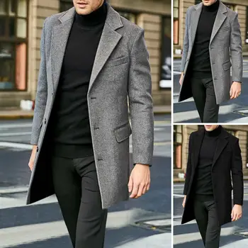 Палто с яка-лацканом, однотонное палта с ревери, стилно мъжко зимно палто със средна дължина, с джобове с капаци на лацканах за топлина
