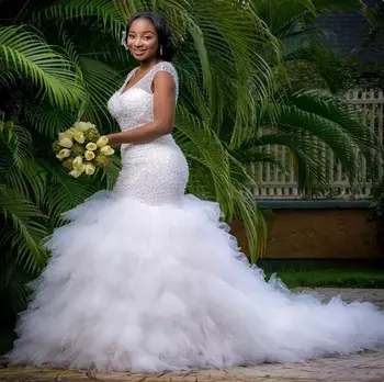 Поръчкови сватбени рокли за младоженци с Африканската тръба, украсени с тежки мъниста Сватбени рокли на Русалка на поръчка