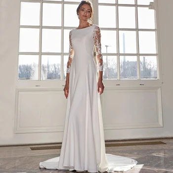 Прекрасна сватбена рокля за младоженци с кръгло деколте, апликация от тюл с дълъг ръкав, Класическа трапециевидная дължина до пода, Илюзия на гърба с бутони, рокля