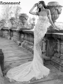 Прекрасни сватбени рокли на Русалка с 3D цветен деколте, без презрамки, илюзията за Подвижни ръкави, плажни рокли, шаферски Vestidos De Новия