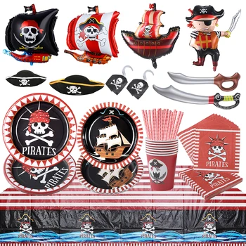 Прибори за еднократна употреба в пиратски стил, украса за парти в чест на 1-ви рожден ден, Картонени чинии, салфетки, чаши, аксесоари за парти в чест на рождения Ден на пиратите