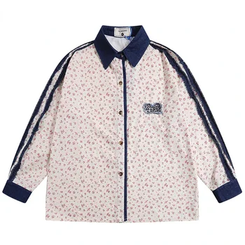 Пролетни мъжки ризи голям размер с дълъг ръкав в хип-хоп лента с флорални принтом, блуза, копчета, Градинска облекло Harajuku, Ежедневни модерна риза