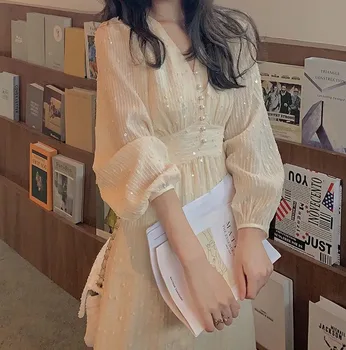Реколта Френски рокли Миди с пищни ръкави за жени, празнична Корейска рокля с пайети Елегантна Страхотна сватба Дамски дрехи Есен 2023