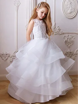Рокли за момичета-цветочниц Бяло за сватба Дължина принцеса до пода Дантелени апликации Без ръкави За Първо причастие Вечерна парти Причастие