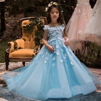 Рокля за момиче в едно цвете, синя рокля с кръгло деколте, тюлевая стикер с цветен модел, Сватбена Елегантна рокля за парти в чест на рождения Ден на детето в цветенце