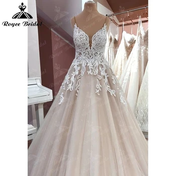 Сватбена рокля с тънки спагети презрамки с пайети трапецовидна форма, дантелено сватбена рокля за младоженци, тюлевые сватбени рокли Robe de mariee
