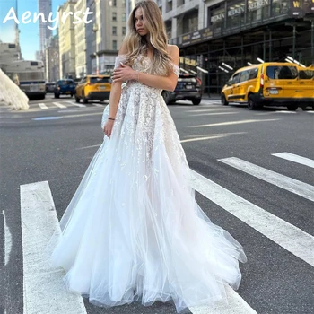 Сватбени рокли трапецовидна форма Aenyrst Sweetheart С открити рамене, аппликацией, свързани влак без облегалката, в елегантна сватбена рокля Robe De Mariée