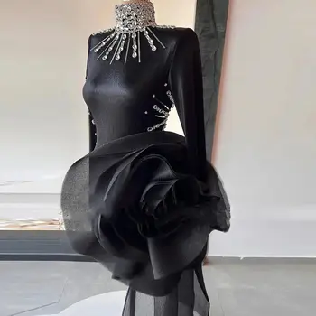 Секси къса вечерна рокля с отворен гръб, Нова мода, висока яка, директни кристали, парти по случай рожден ден, дълги ръкави, черна мини-рокля