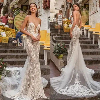 Секси сватбени рокли на Русалка с прозрачно деколте и влак 2020 Лейси апликация Плажни рокли Сватба с Иллюзионным елече Vestidos De Новия