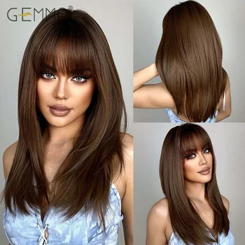 Синтетичен каштаново-кафява перука GEMMA с бретон със средна дължина, прави перуки за черни жени, топлоустойчив, за ежедневна употреба, от естествена коса
