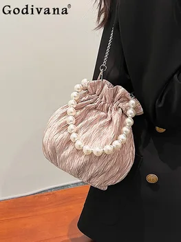 Сладки перлени верижки, женствена чанта през рамо, в есенно-зимната модерна чанта през рамо, холщовые чанта през рамо, плисе чанти-кофи