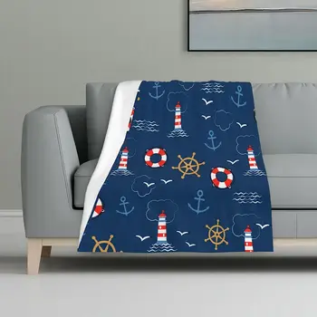 Спасителен кръг с морска котва, супер меко одеяло 48 x 32 инча, Чайки и синята фар, разтегателен за пътуване, къмпинг за деца