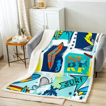 Спортно фланелевое одеяло, за да сърфирате, цветни графити на тема сърфиране, пушистое одеяло подарък за деца, рибки на дъска за сърф