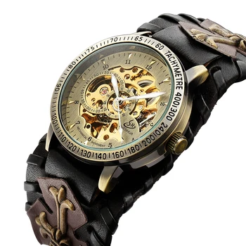 Стари готически часовници SHENHUA, кафяв камък, неръждаема стомана, steampunk, скелет, tourbillon, Мъжки Автоматично Механични флуоресцентни часовници