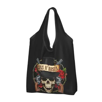 Торби за многократна употреба за пазаруване Guns N Roses за продукти, сгъваеми чанти за храни от тежък метал, пера големи чанти-тоут