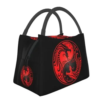 Чанта за обяд с червена и черна термоизолация на Yin Yang Dragons, дамски преносим чанта за обяд за пикник на открито, кутия за храна
